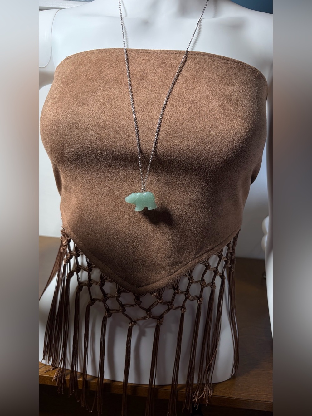 Green Aventurine Bear Hand-Carved Pendant Necklace Long - Picture 9 of 15